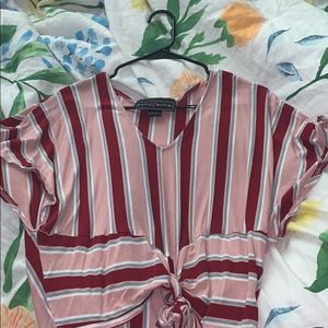 Pink And White V-Neck Too With Tie On bottom